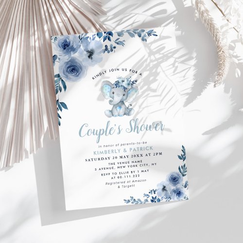 little elephant blue floral couples shower invitation