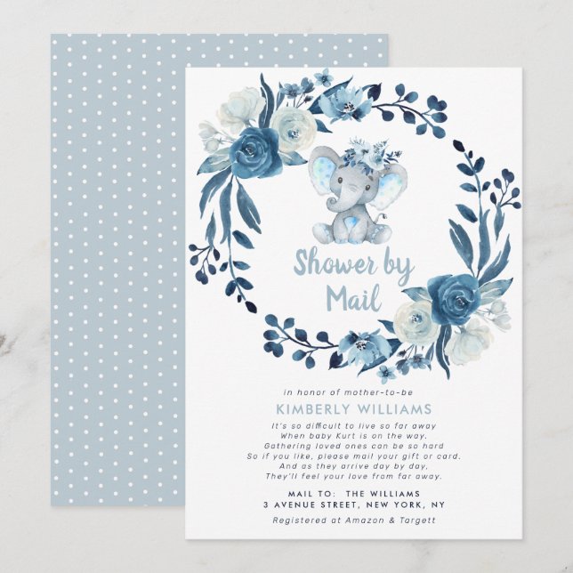 little elephant blue flowers baby shower by mail invitation (Front/Back)