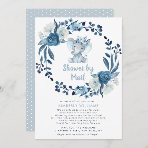 little elephant blue flowers baby shower by mail invitation