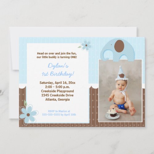 Little Elephant (Blue) Mod Birthday Invitation 5x7