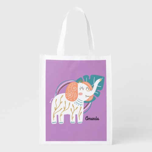 Little Elephant Boho Custom Name Grocery Bag