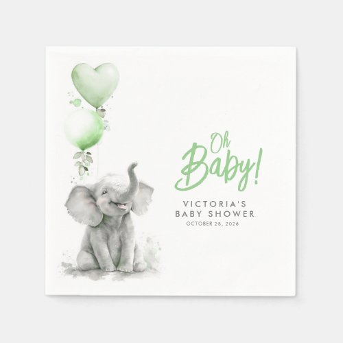 Little Elephant Cute Green and Grey Baby Shower Napkins