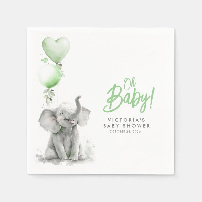 Little Elephant Cute Green and Grey Baby Shower Napkins (Front)