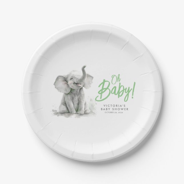 Little Elephant Cute Green Grey Baby Shower  Paper Plates (Front)