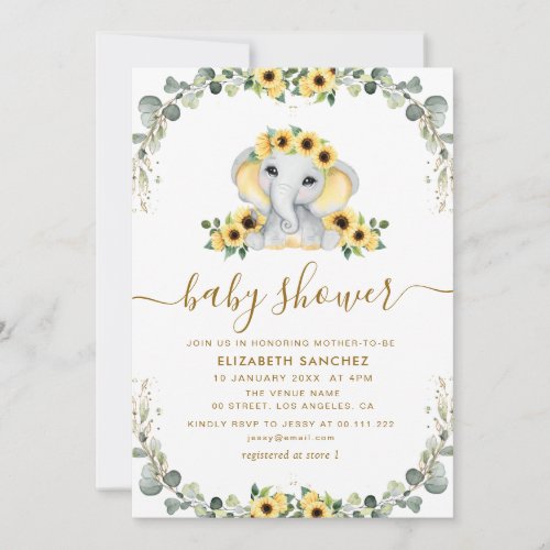 little elephant eucalyptus sunflower baby shower invitation