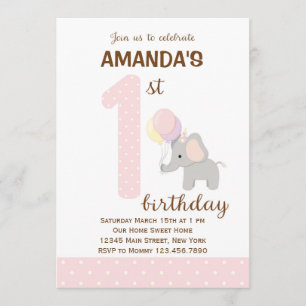 Little Elephant First Birthday Invitation (Pink)