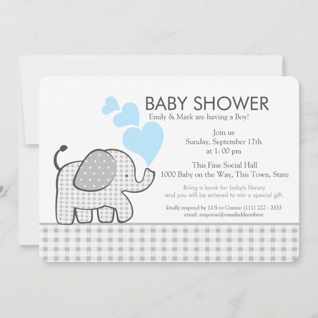Little Elephant Gingham and Blue Baby Shower Invitation (Front)