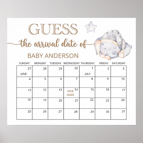 Little Elephant Guess Due Date Calendar Poster