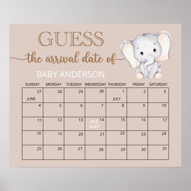Little Elephant Guess Due Date Calendar Poster (Front)
