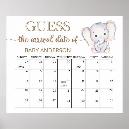 Little Elephant Guess Due Date Calendar Poster