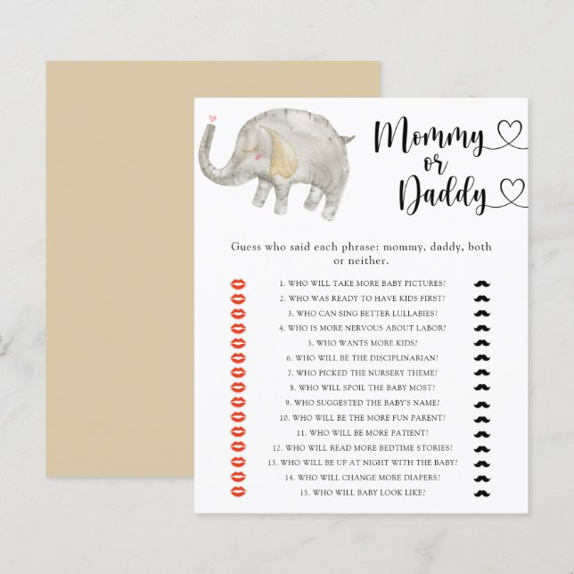 Little Elephant - mommy or daddy baby shower game (Front/Back)