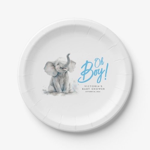Little Elephant Oh Boy Cute Blue Grey Baby Shower Paper Plates