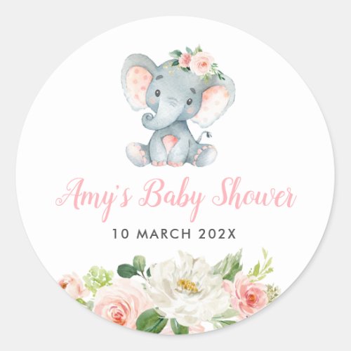 Little elephant pink floral baby shower  classic round sticker