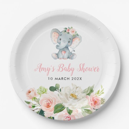 Little elephant pink floral baby shower  paper plates