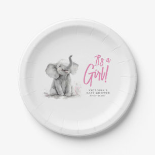Little Elephant Pink It's a Girl Baby Shower Paper Plates