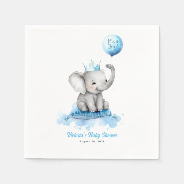 Little Elephant Prince Cute Blue Baby Shower Napkins (Front)