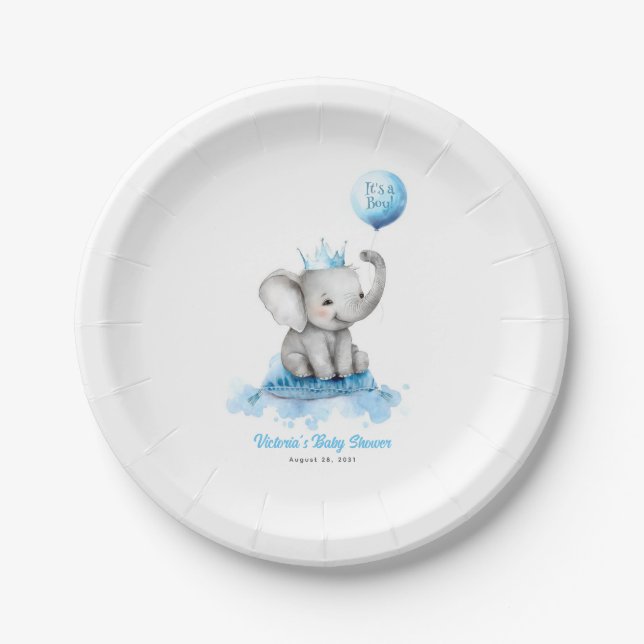 Little Elephant Prince Cute Blue Baby Shower Paper Plates (Front)