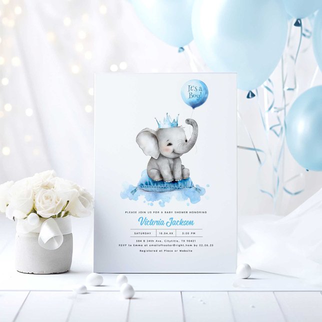Little Elephant Prince It's A Boy Baby Shower Invitation (Little Elephant Blue Baby Shower Invitations)
