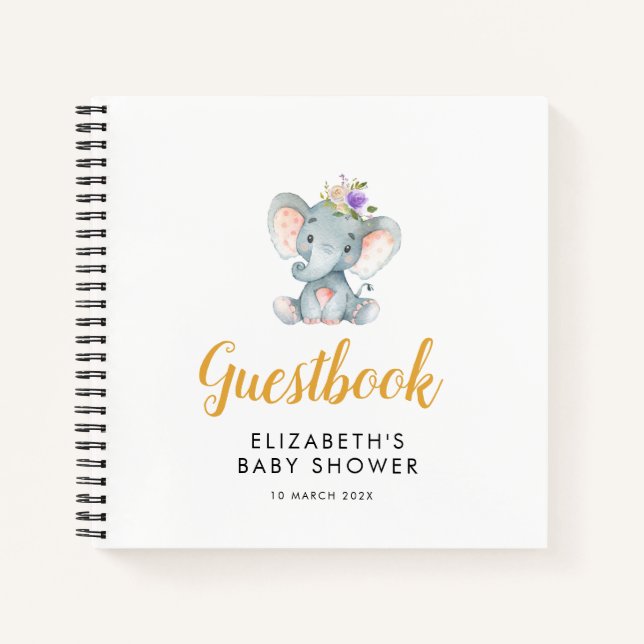 little elephant purple flora baby shower guestbook notebook (Front)