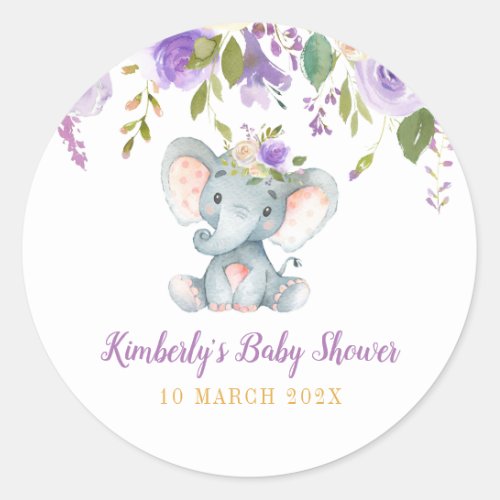 Little elephant purple floral baby shower  classic round sticker