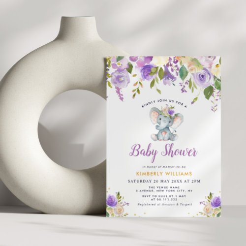 little elephant purple floral baby shower invitation