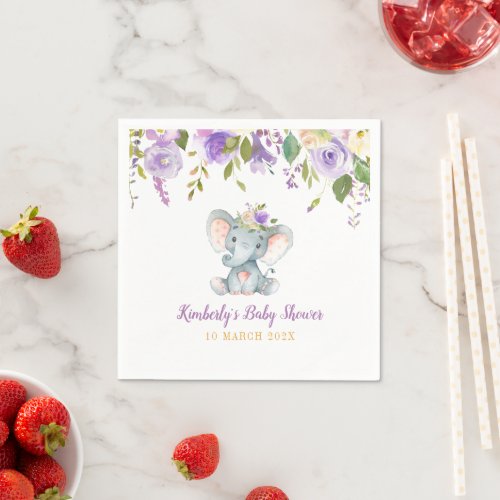 Little elephant purple floral baby shower napkins