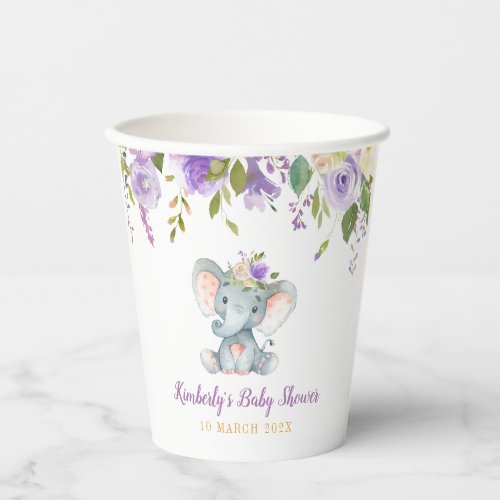 Little elephant purple floral baby shower paper cups