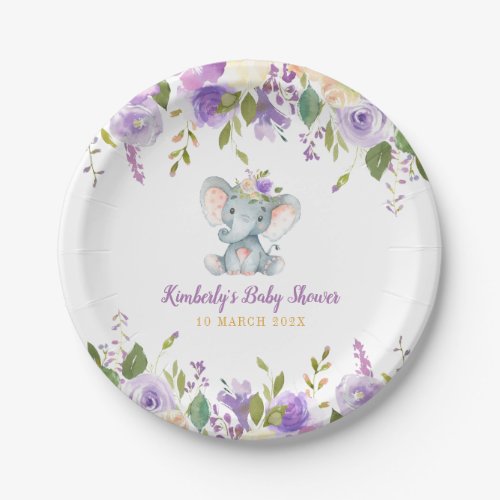 Little elephant purple floral baby shower paper plates
