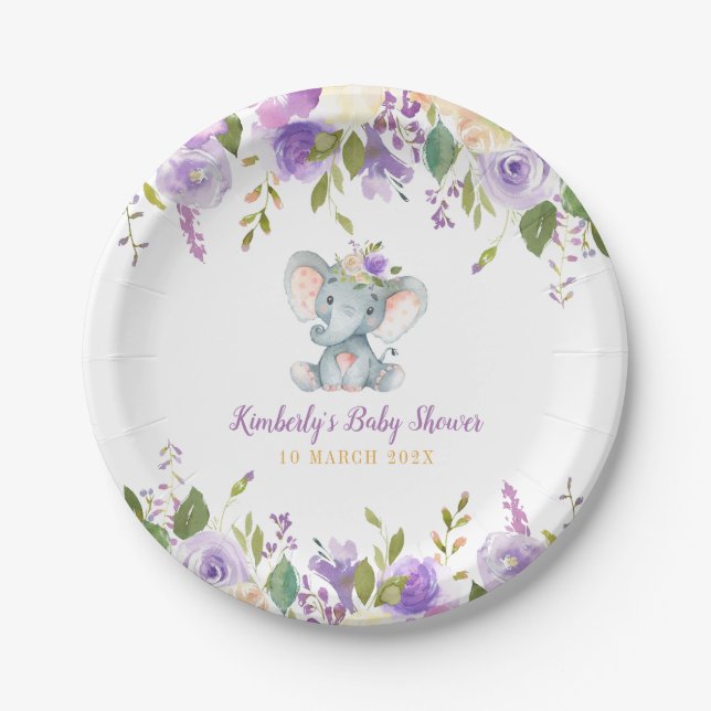 Little elephant purple floral baby shower paper plates (Front)