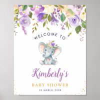 Little elephant purple floral baby shower welcome poster
