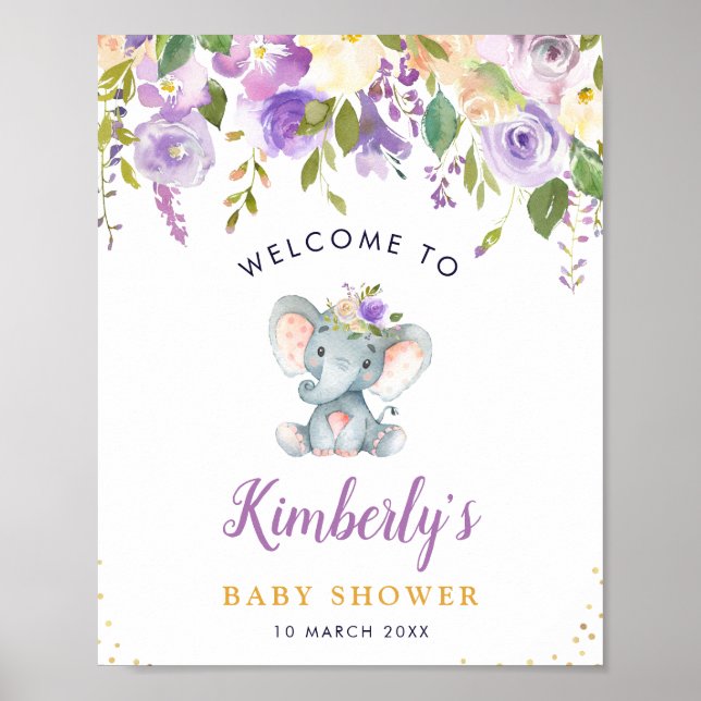 Little elephant purple floral baby shower welcome poster (Front)