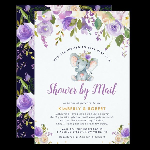 little elephant purple floral shower by mail invitation