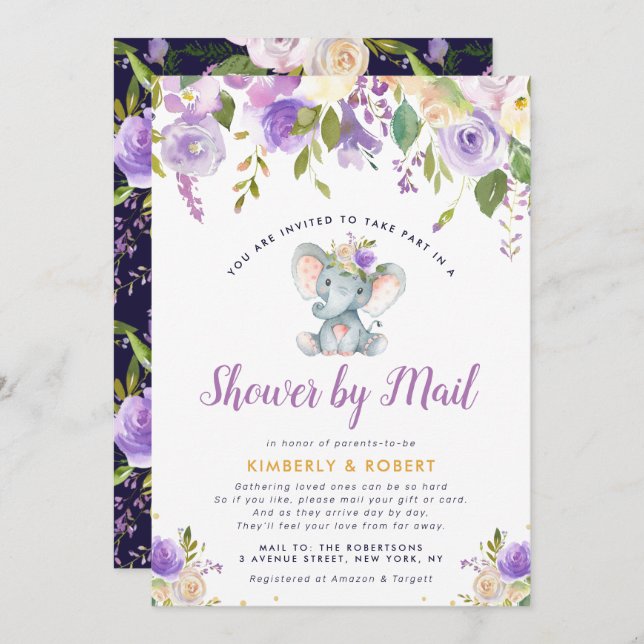little elephant purple floral shower by mail invitation (Front/Back)