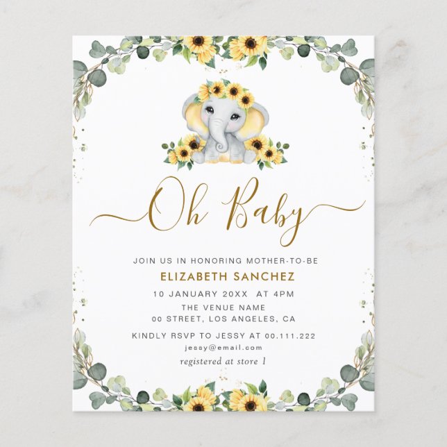 little elephant sunflower baby shower invitation (Front)