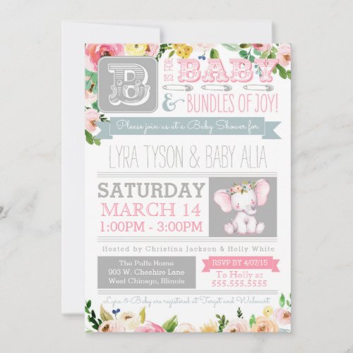 Little Elephant Watercolor Floral Baby Shower Invitation