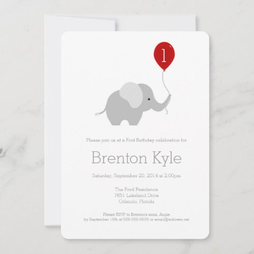Little Elephant with Balloon Birthday Invitation
