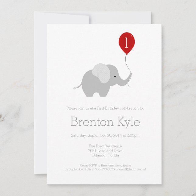 Little Elephant with Balloon Birthday Invitation 2 (Front)