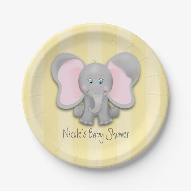 Little Elephant Yellow Baby Shower Party Paper Plates (Front)