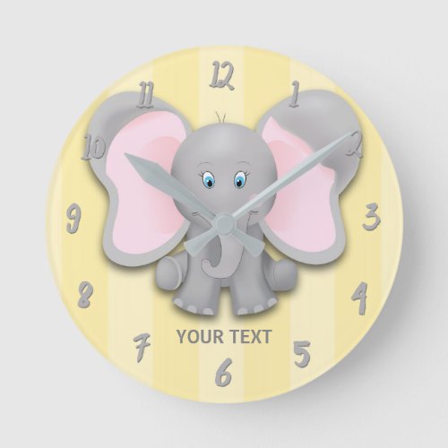 Little Elephant Yellow  Gray Personalized Nursery Round Clock