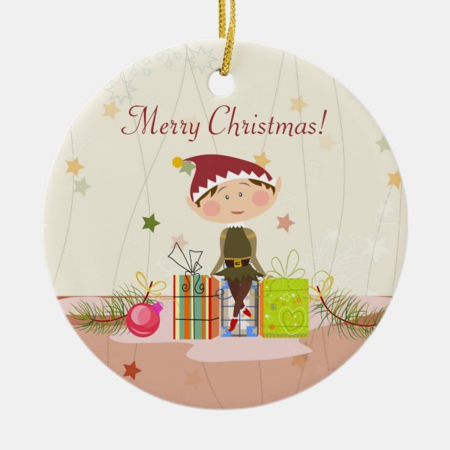 Little Elf-Girl and Christmas Presents Ceramic Ornament (Front)