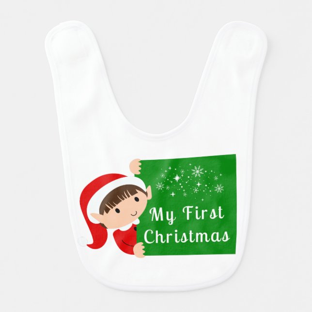 Little Elf’s My First Christmas Text Holiday Gift Baby Bib (Front)