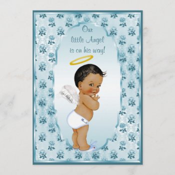Little Ethnic Boy Angel Blue Roses Baby Shower Invitation by GroovyGraphics at Zazzle