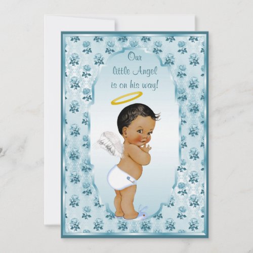 Little Ethnic Boy Angel Blue Roses Baby Shower Invitation