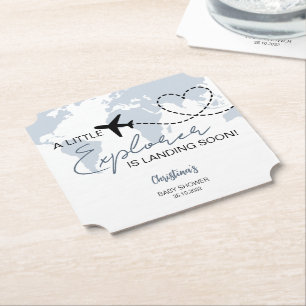 Little Explorer Adventure Blue Baby Shower Paper Coaster