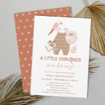 Little Explorer Boho Girl Baby Shower   Invitation<br><div class="desc">This adorable baby shower invitation features a boho color scheme of terracotta orange and red, beige, off white, gray, light pink, and golden orange. The main design contains a little baby summer jumper, a hat with a flower, a parrot, a camera, and a little leaf accent. The main text, reading...</div>