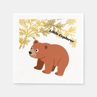 Little Explorer Cute Brown Bear Gold Foliage Paper Napkins