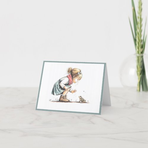 Little Explorer Girl with Frog Blank Card