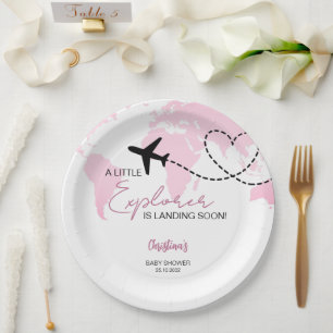 Little Explorer World Map Pink Baby Shower Paper Plates