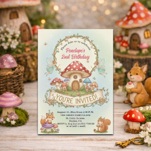 Little Fairies House Mushrooms 2nd Birthday Party Invitation
