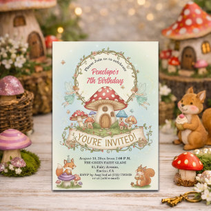 Little Fairies House Mushrooms 7th Birthday Party Invitation